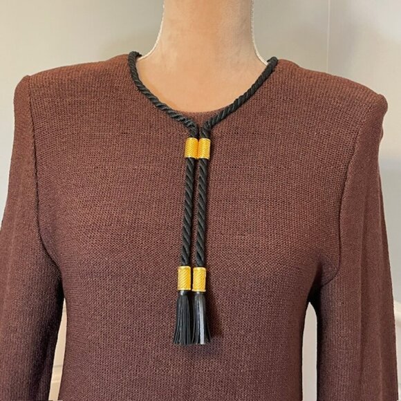 Steve Fabrikant Vintage 80's Wool Knit Dress Espresso & Black Gold Accents Small - Picture 5 of 12